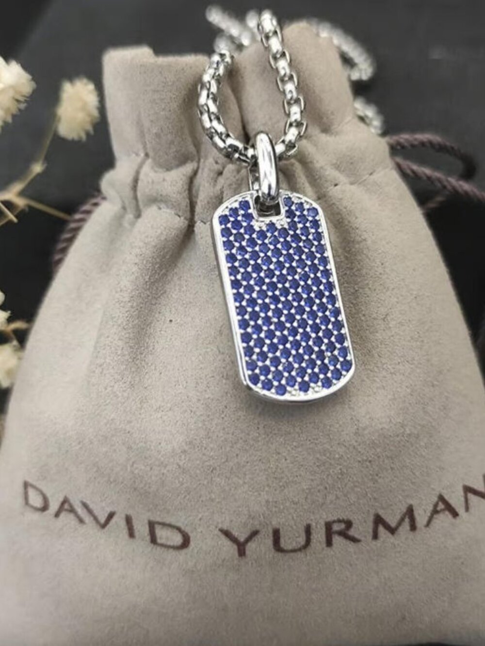 David Yurman Men's Sterling Silver 35mm Chevron Sapphire Dog Tag ** See Note **